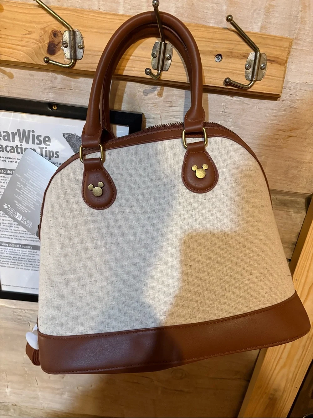 Disney Mickey Embroidered Satchel in Beige and Brown with Red and Yellow Accents